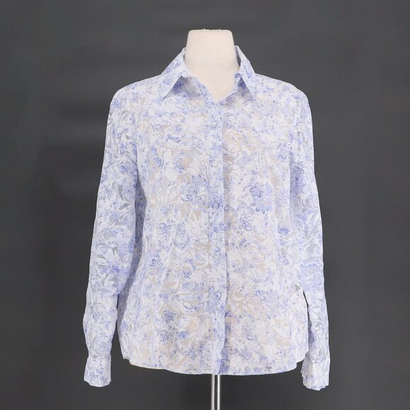 ZARA Sheer Burnout Damask Blue & White Floral Button Down Blouse Top Size L - Picture 1 of 7